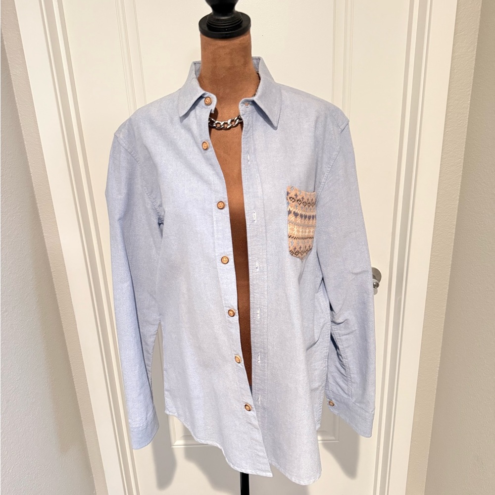 Light Blue Button-Up Shirt with Woven Pocket | Casual Oversized Fit | Size L